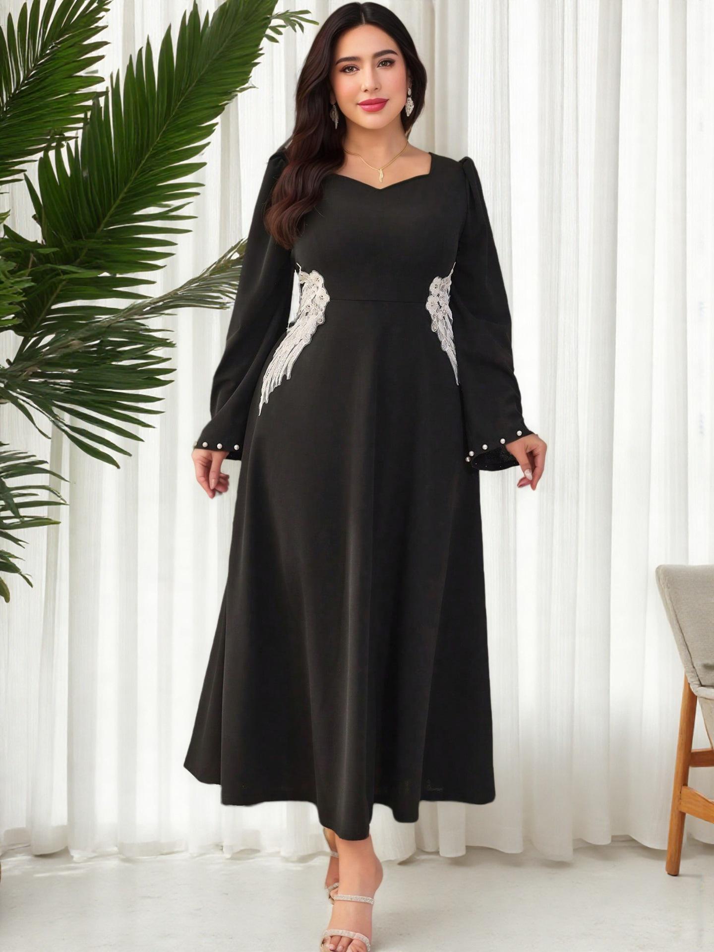Elegant Plus Size Middle Eastern Formal Dress with Slimming Waist, Embroidered Florals, Pearl Cuffs, and a Refined Display. 2XL чёрный