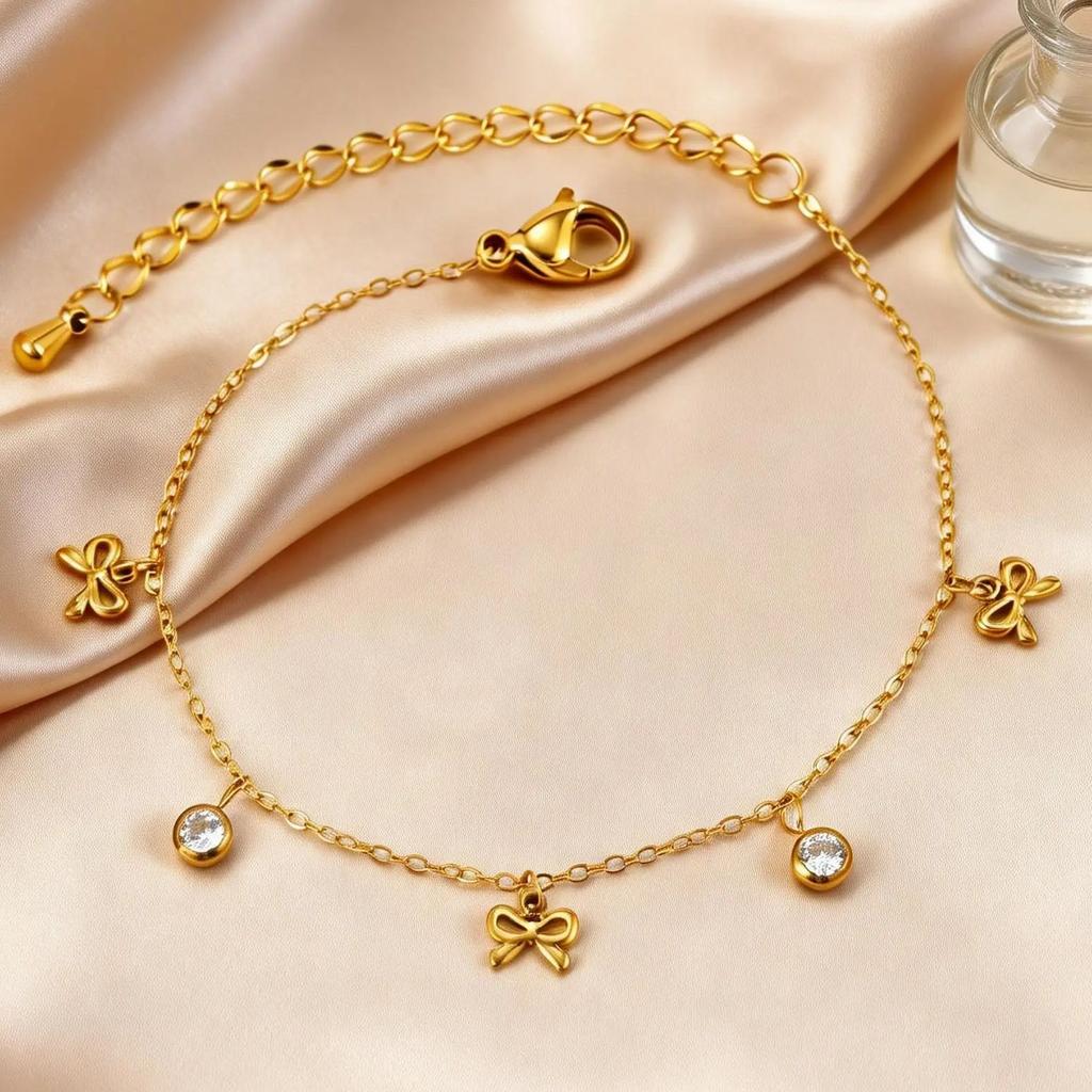 Dainty Bowknot Bracelet for Women, 18K Gold Plated Stainless Steel Adjustable Chain Zircon Bow Bracelet, Non-fading Jewelry Gift