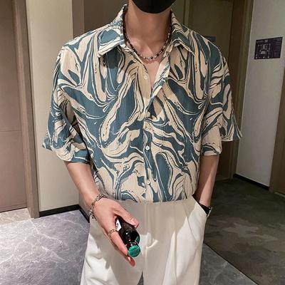 Móda Vintage Tištěné Košile Pánské Oblečení Polo Límec Letní Nové Jednořadé Ležérní Volné Japonský Styl Košile s Krátkým Rukávem