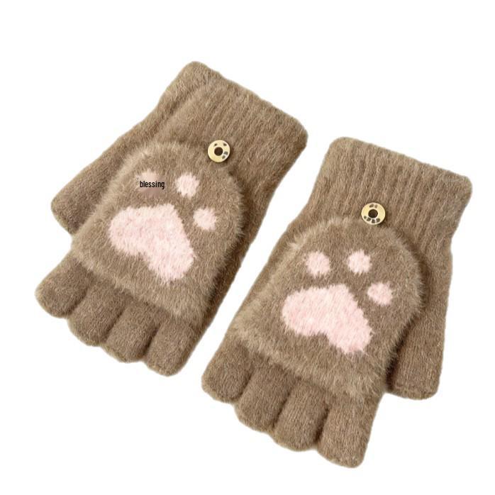 Cute Cat Paw Half-Finger Flip-Top Gloves for Autumn/Winter
