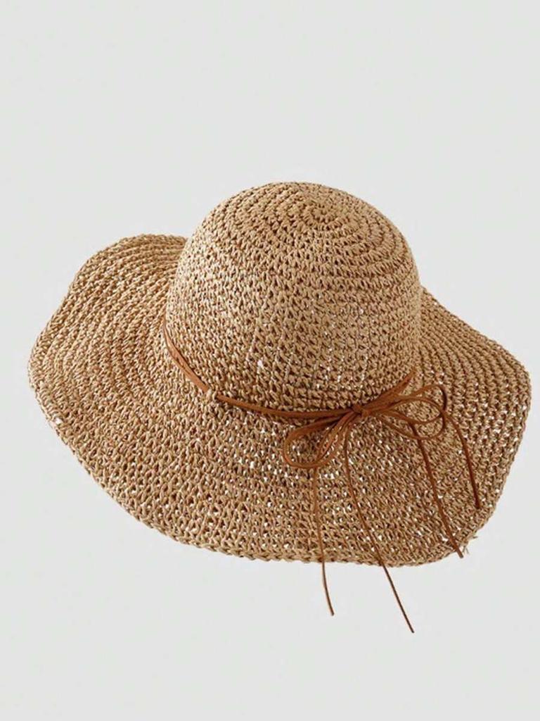 Womens Crochet Wide Brim Foldable Straw Hat For Beach Summer Vacation