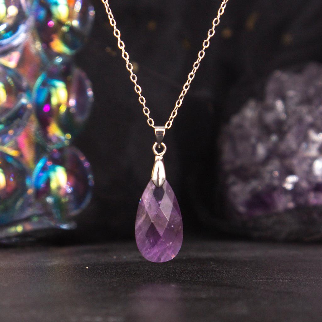 Natural Crystal Pendant, Blue Gold, Amethyst, Cut Surface, Long Water Droplet Necklace, jewelry,Christmas Gift, Valentine's Day Gift, Birthday Gift