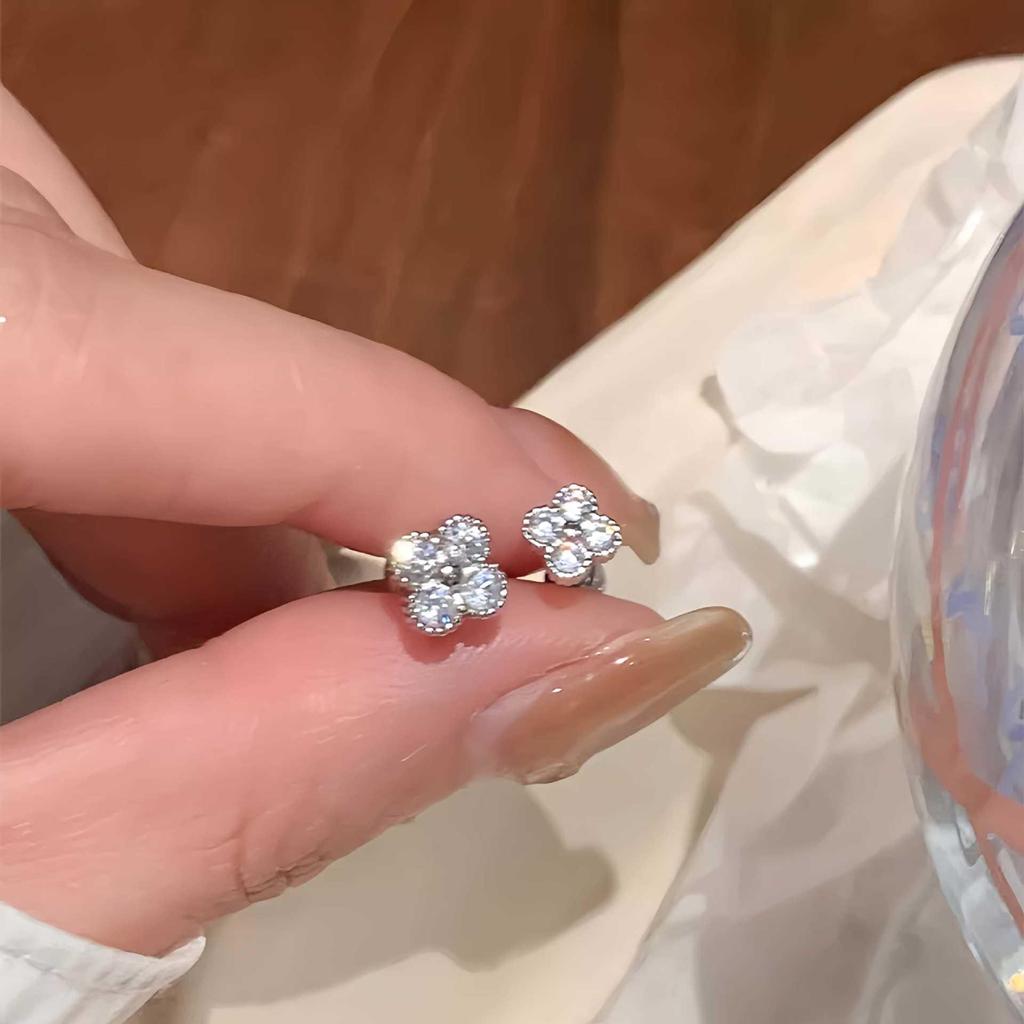 Korean Style Four-Leaf Clover Zircon Stud Earrings in S925 Sterling Silver & 18K Gold