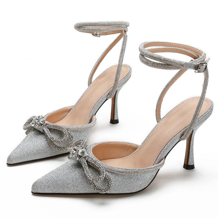 European and American high heels 2025 new bow women's shoes rhinestone pointed single shoes straps thin heel super high heel