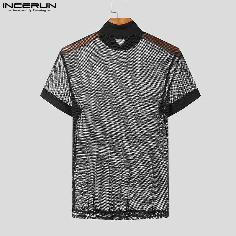 INCERUN Men Summer Mockneck Short Sleeve Mesh Sheer See Through T-shirts Tee