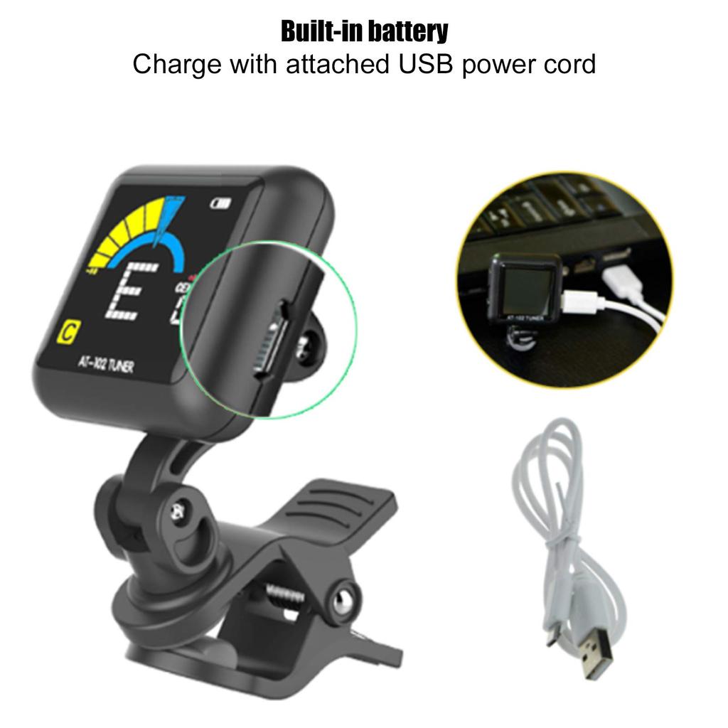 Clip-on USB Guitar Tuner, Rechargeable, for Stringed Instruments (AT-102 Black)
