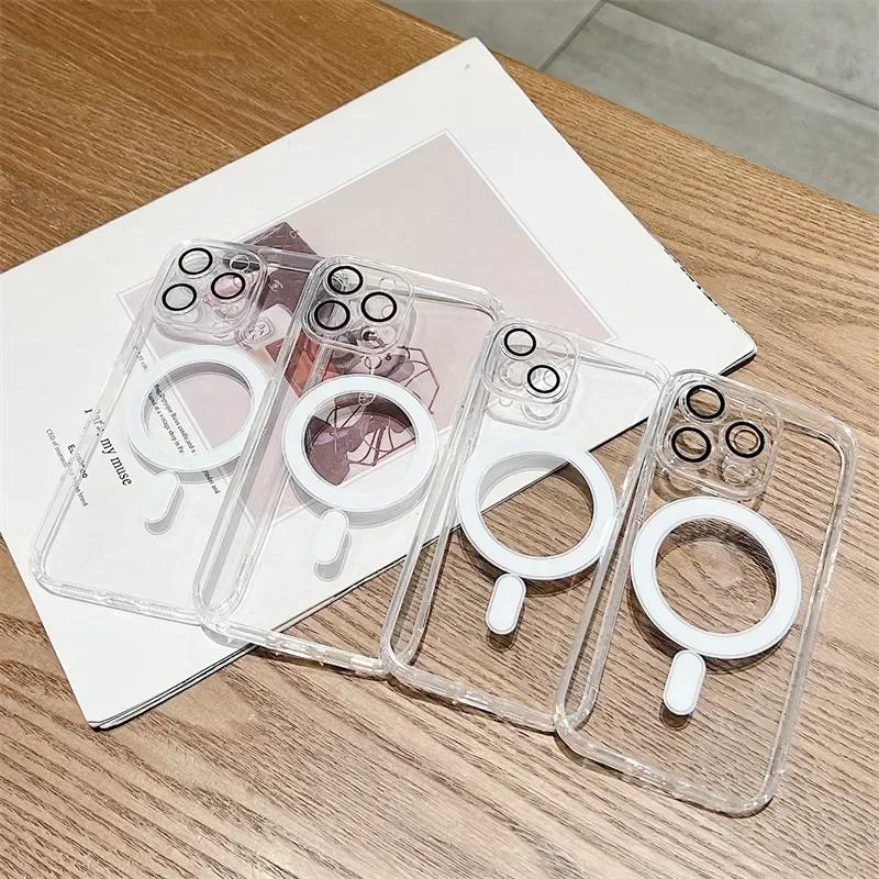 For Magsafe Luxury Clear Acrylic Case For iPhone 15 14 13 12 11 Pro Max Plus Magnetic Wireless Charging Case With Lens Protector