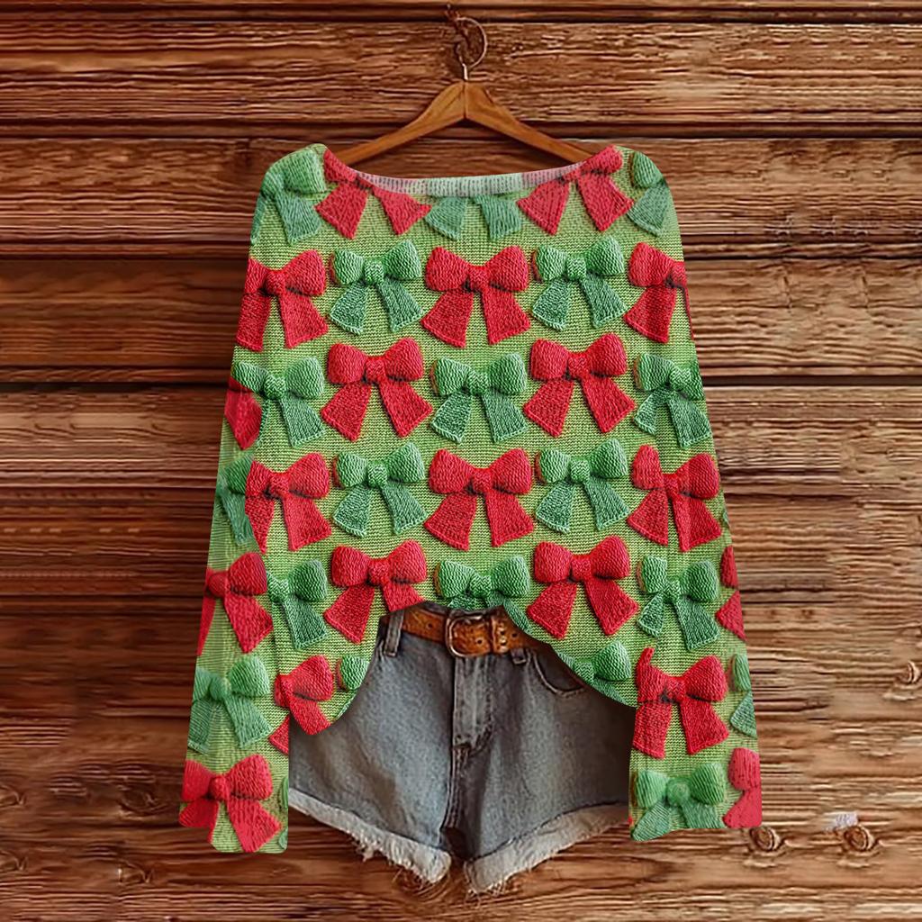 Ladies' Fashionable Casual Long Sleeved Christmas Printed Round Neck Knitted Yarn