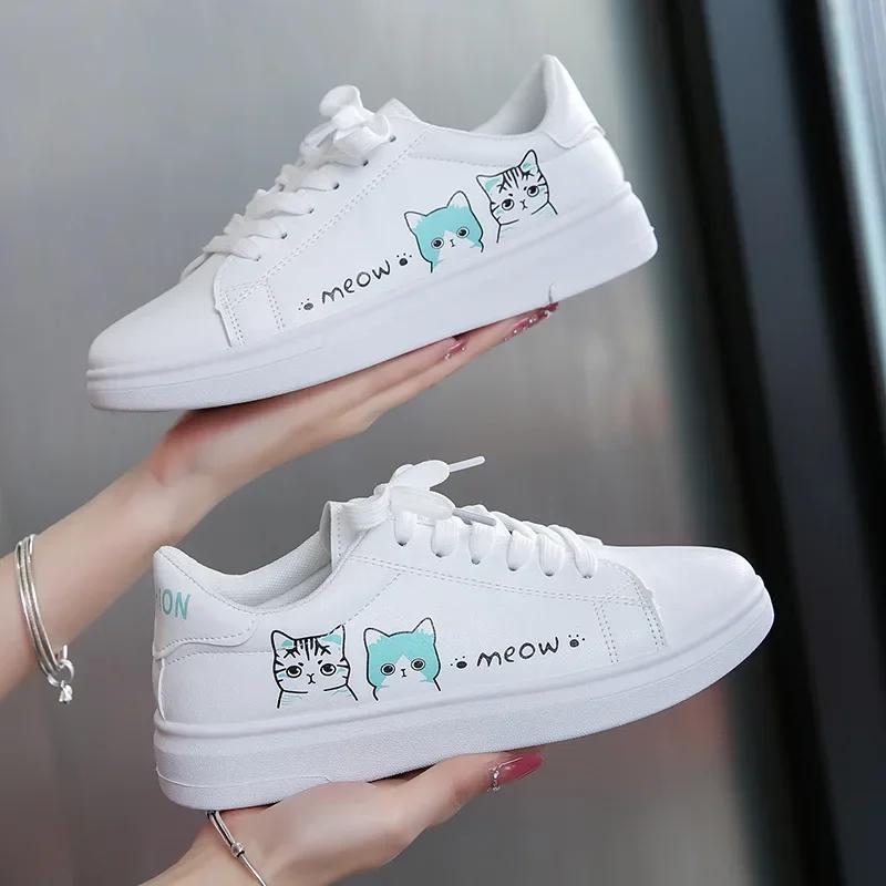 Cat Pattern Breathable Women's Casual Shoes Spring Summer New Style Korean Flat Platform Sneakers Student Sports Shoes