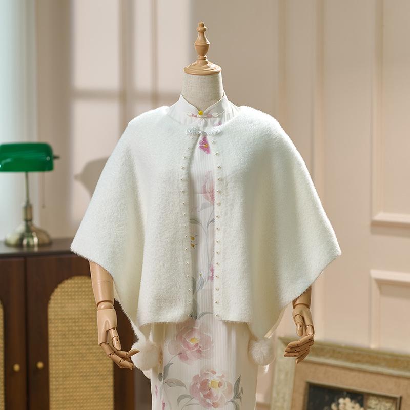 Elegant Cheongsam Shawl: Versatile Spring & Autumn Faux Mink Velvet Cape with Pearl Edging. Perfect for Daily Wear.