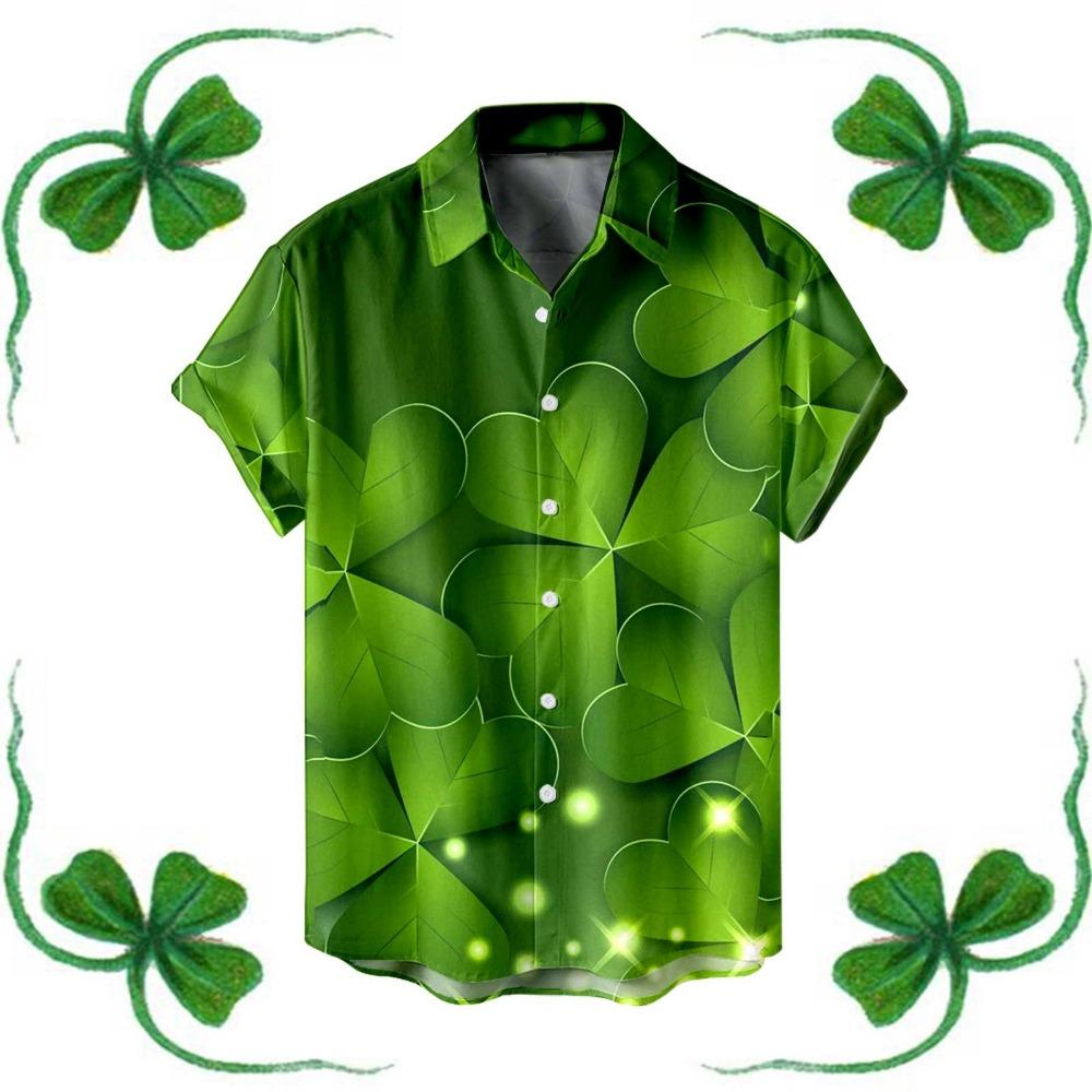 Saint Patrick Mens Shirt Festive Green Shamrock Print Lapel Short Sleeved Shirt Vintage Solid Shirts Cardigan Men's Blouses