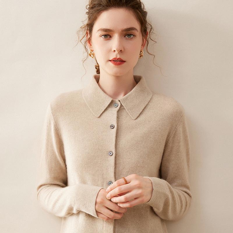 Elegant Women's Cashmere Knit Polo Collar Cardigan - Long Sleeve, Loose Fit, Versatile and Warm.