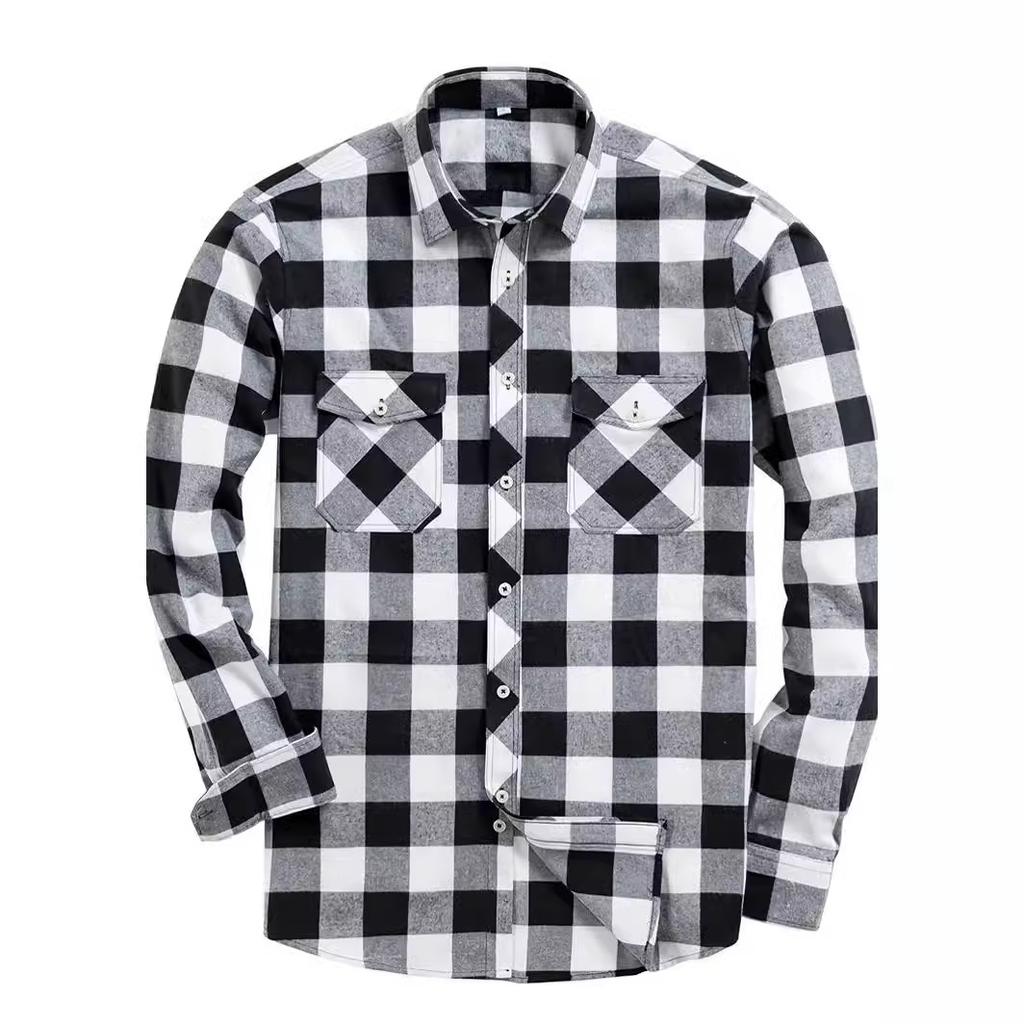 Spring And Autumn Winter New Men'S Checkered Shirt Double Pocket Flannel Casual Checkered Shirt