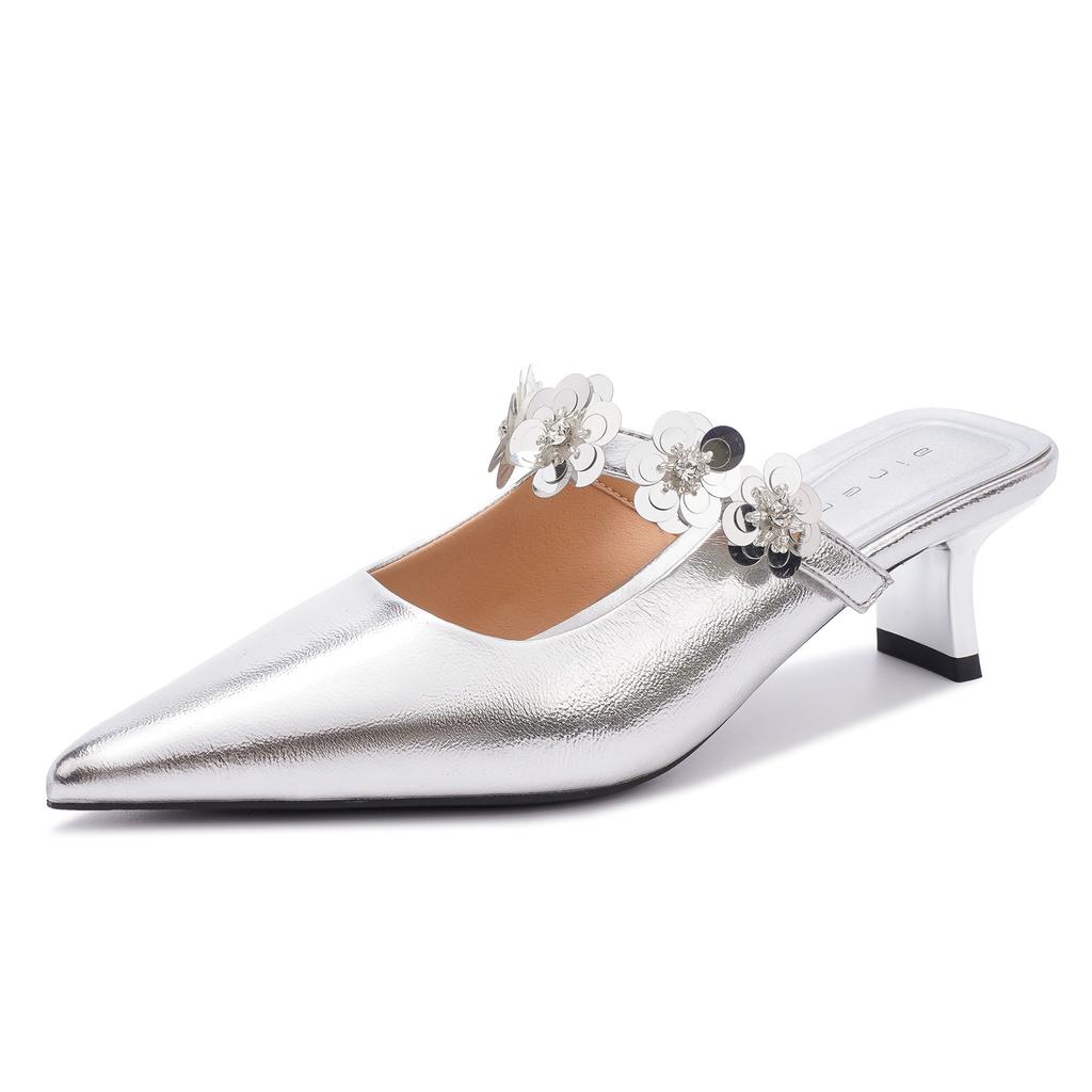 590-1 High-heeled Slippers Women's Thick Heel Summer 2025 New Bag Head Half-drag Flower Pointed Head Shallow Mouth Single Shoes