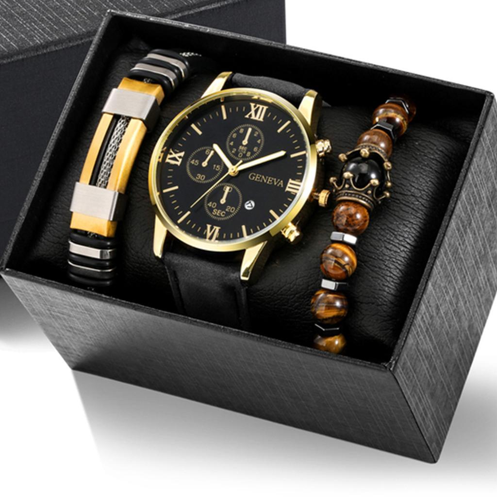 Luxury Men's Sports Casual 3Pcs/Set Quartz Wrist Watch Bracelet Business Fashion Jewelry Gift Alloy Case Leather Glass