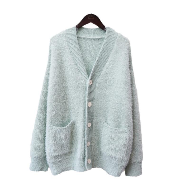 Imitation mink velvet knitted cardigan women's loose V-neck versatile solid color autumn and winter new sweater jacket thick