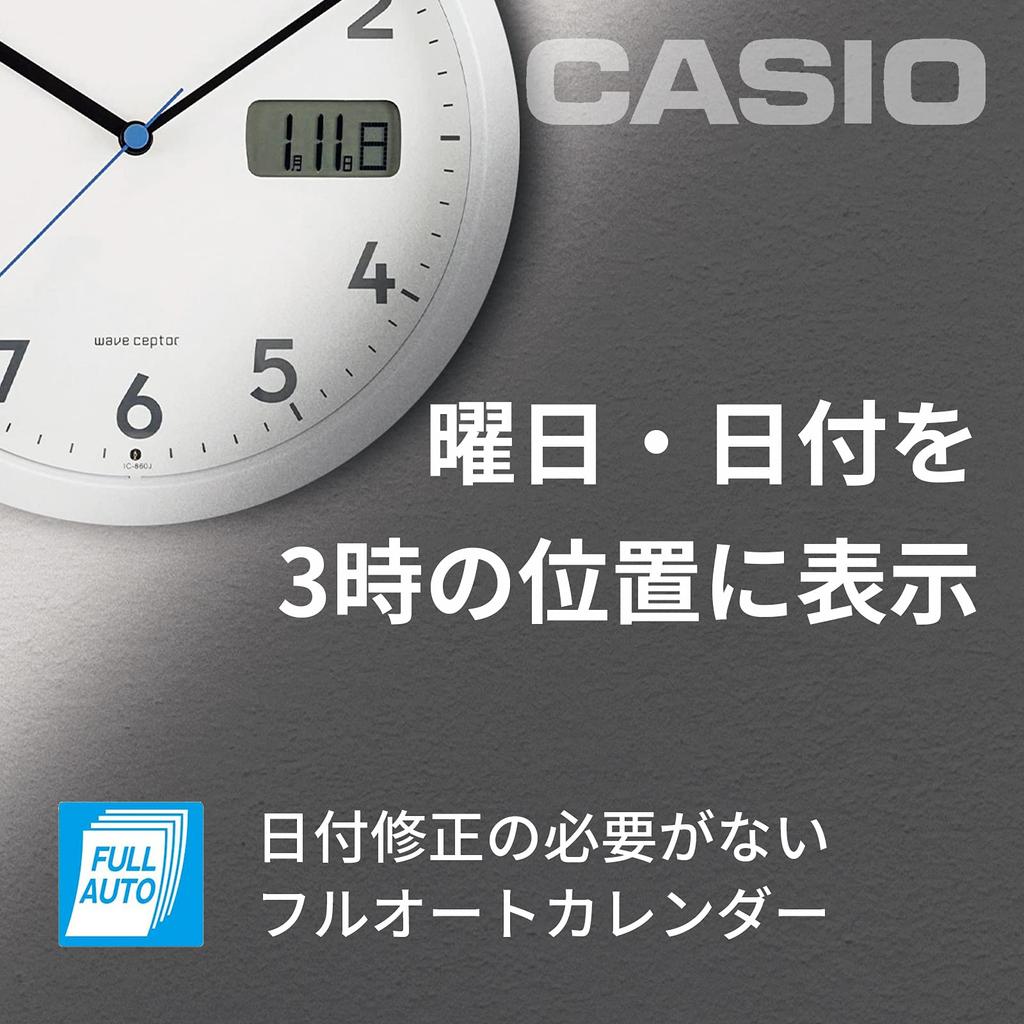 CASIO Wall Date and Day Nighttime Second Hand Suitable for Wall or Tabletop Clock, Radio-Controlled, White, Analog, Display, Stop, Use, IC-860J-7JF