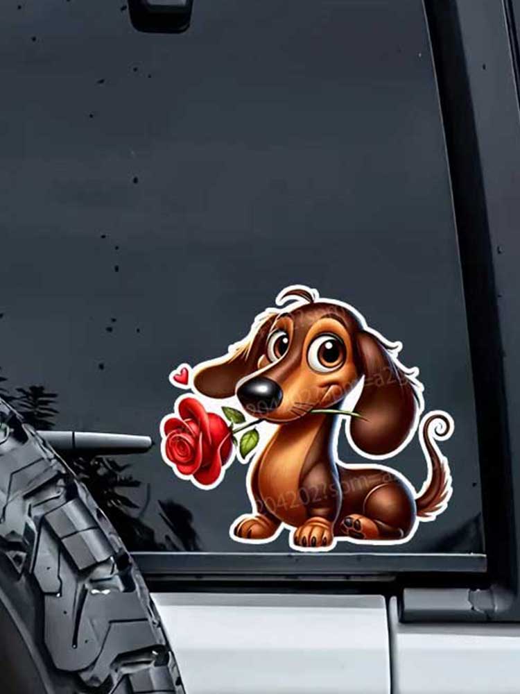 Cute Dachshund Red Rose Vinyl Sticker Waterproof Scratch-Resistant Decal for Car Motorcycle Truck Notebook Computer Q115