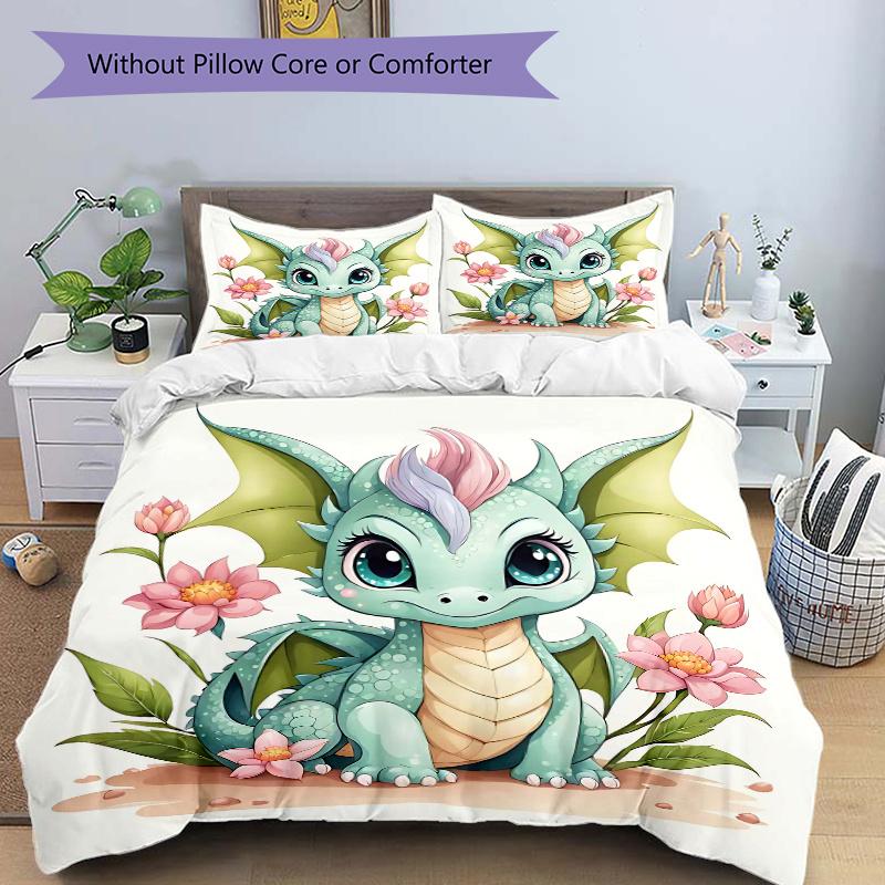

3pcs Green Cute Dragon Printed Bedding Set, Soft and Comfortable Quilt Cover for Bedroom, Guest Room (1 Duvet Cover + 2 Pillowcases, Pillow 135cm*200cm