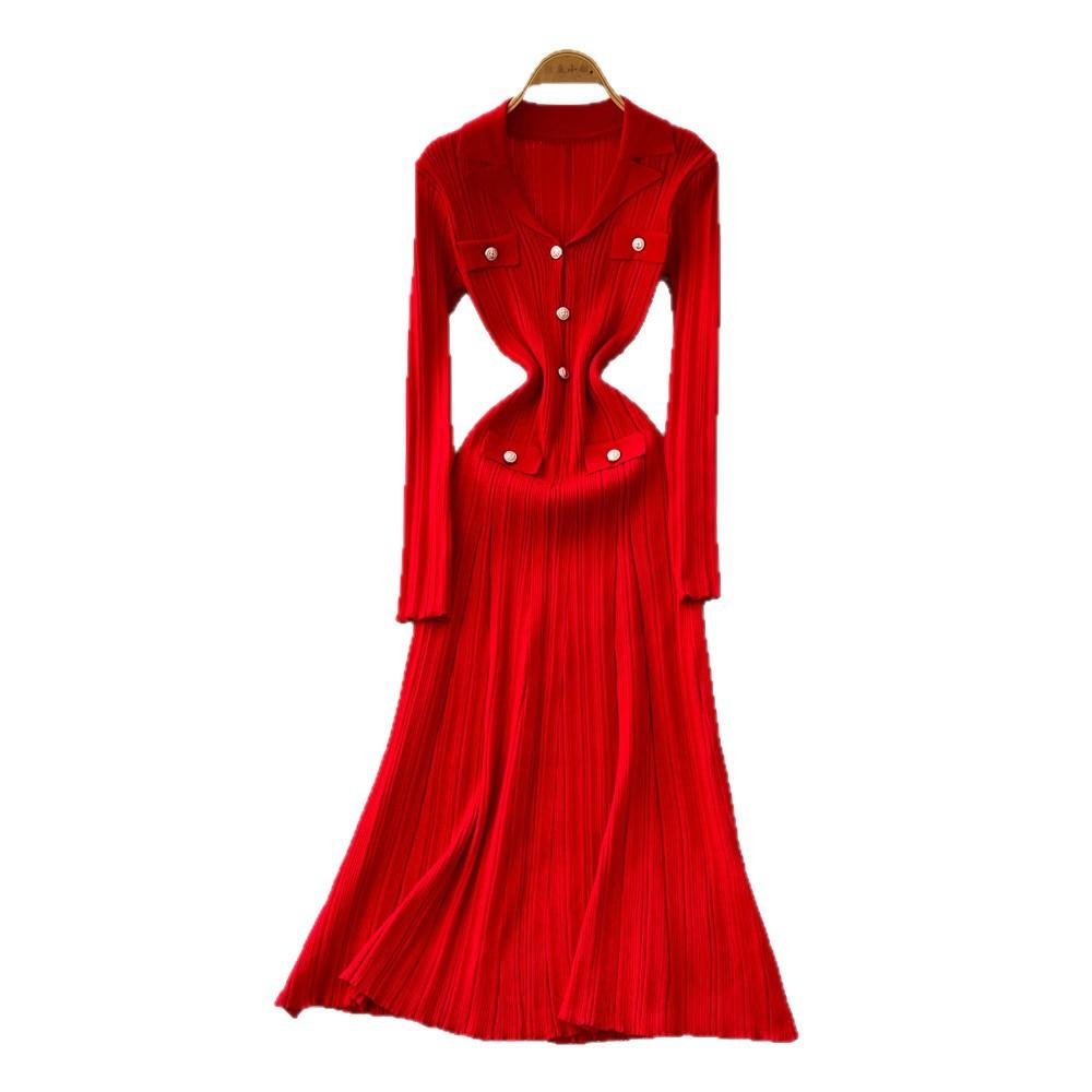 French high-end retro lapel long-sleeved metal buckle slim-fitting and thin temperament vertical pattern knitted dress
