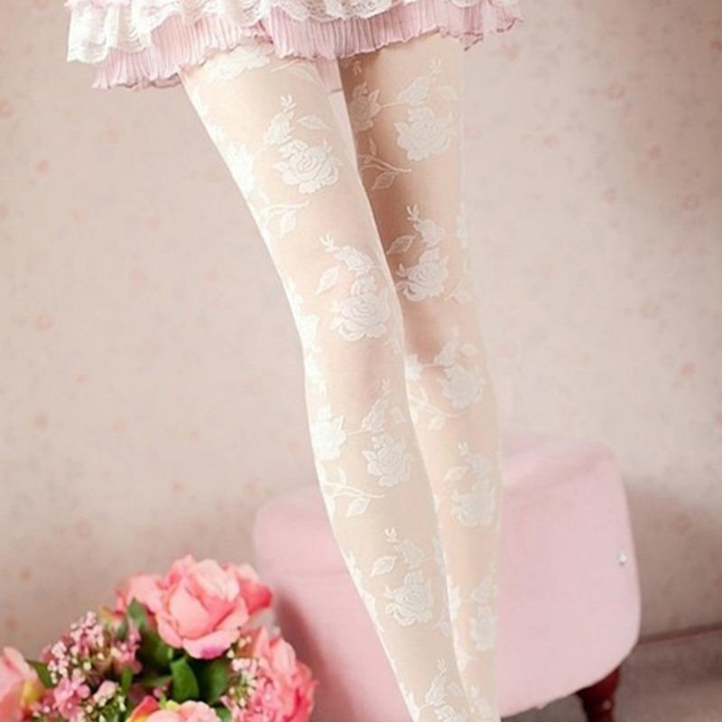 Women Sexy Rose Tattoo Tights Thin Sheer Hollow Out Pantyhose Floral Hosiery Collant Femme Medias Fantaisie