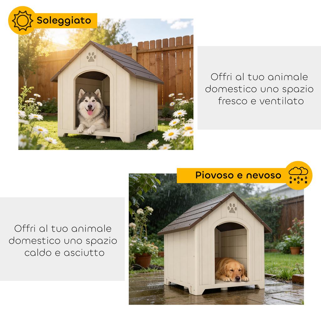 Raised Dog Kennel with Sloped Roof and Air Vents, PP, 102x94x103 cm, Beige and Dark Brown
