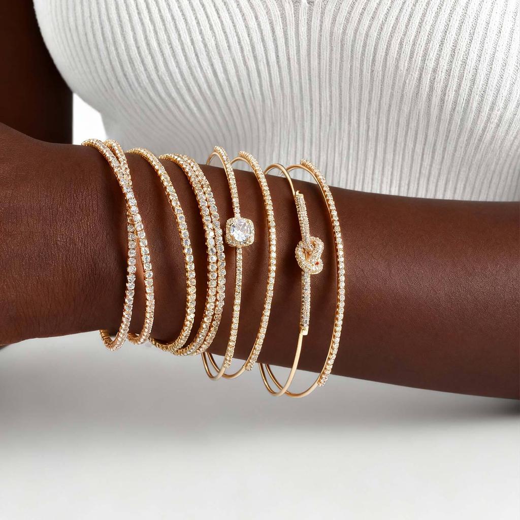 Vnox Shiny Zircons Wire Cuff Bracelet For Women, Luxury Versatile Stacked Hand Bangles, Statement Jewelry Christmas Gift
