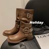 Western Belt Buckle Pile Boots Medium Boots Women's Tall Boots Knight Boots Real Soft Leather Martin Boots Maillard