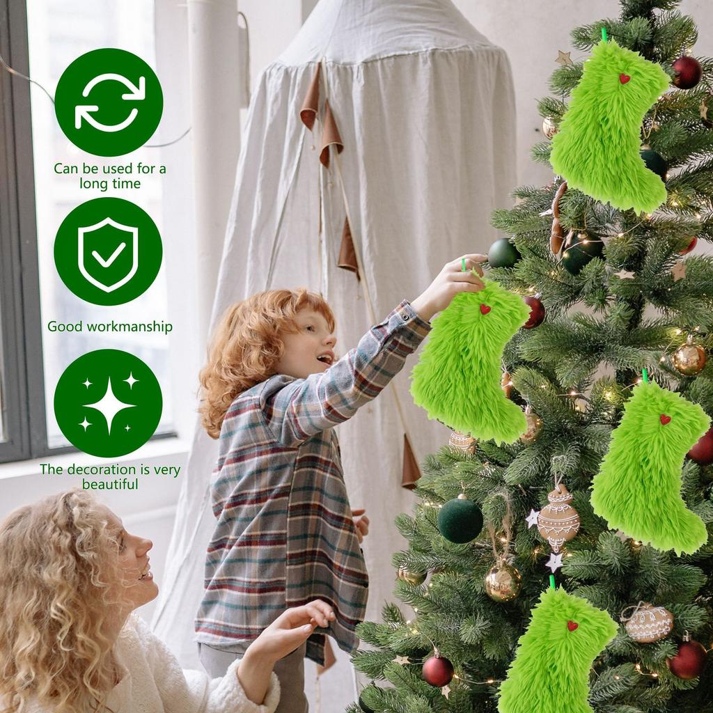 Christmas Green Stocking Decor 9Inches Classic Green Christmas Stockings 6Pieces Faux Flush Christmas Decor Candy Pouch For