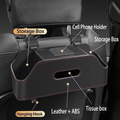 Car Organizer Box Multi-functional Leather Auto Tissue Box Storage Box Car Back Seat Phone Seat Paper Bag Hook Water Cup Holder