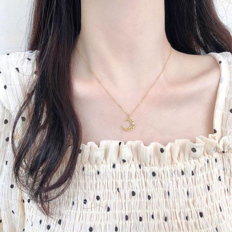 Moon Star Moon Hollow Diamond Necklace for Women Korean Collarbone Chain Simple Trendy Fashion Temperament