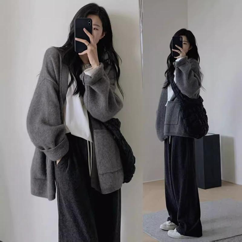 Grey raccoon velvet medium and long sweater jacket for women's autumn and winter loose and lazy style knitted cardigan with outer wear