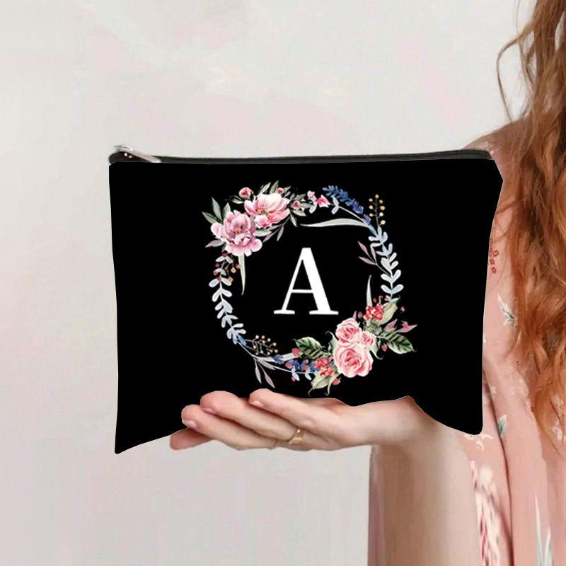 Çizgi film desenli harf baskılı makyaj çantası büyük kapasiteli öğrenci kalem kutusu kanvas dört köşeli çanta taşınabilir tuvalet çantası