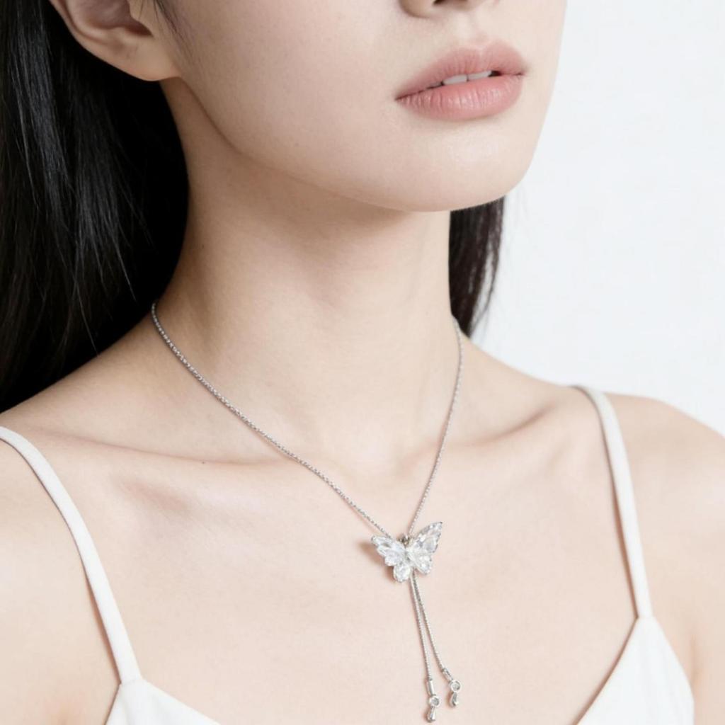 Silver Long Tassel Butterfly Necklace Women Can Pull Adjustment Spice Girl Collarbone Chain Niche High-End Light Luxury Accessories