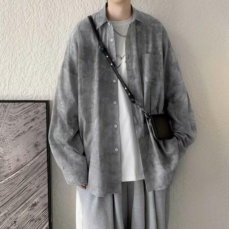 Men's Tie-Dye Long-Sleeve Floral Shirt - Trendy Hong Kong Style, Loose Fit, Casual Punk Fashion for Autumn