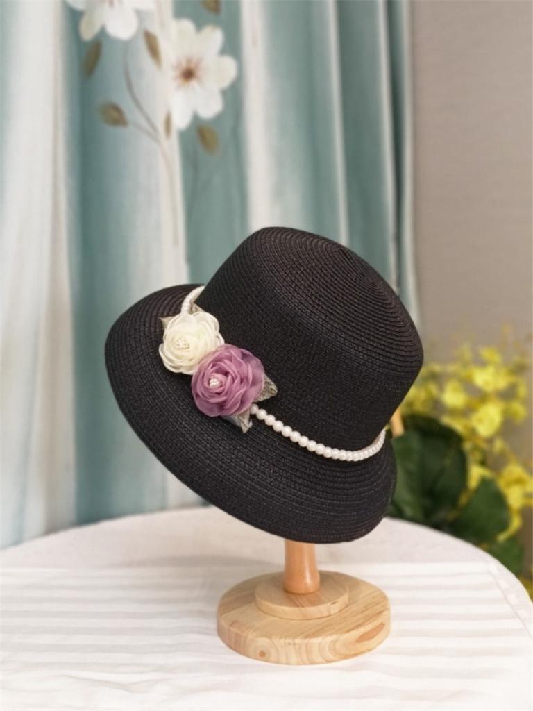 Chic Ins Sommergress Hepburn Elegant Liten Brem Organza Rose Perlekjede Dame Bøttehatt Kvinner Fiskerhatt