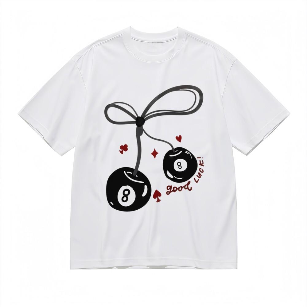 

Women s T-shirt With Retro 8-Ball Cherry and Card Suits Graphic Tops White Cotton S