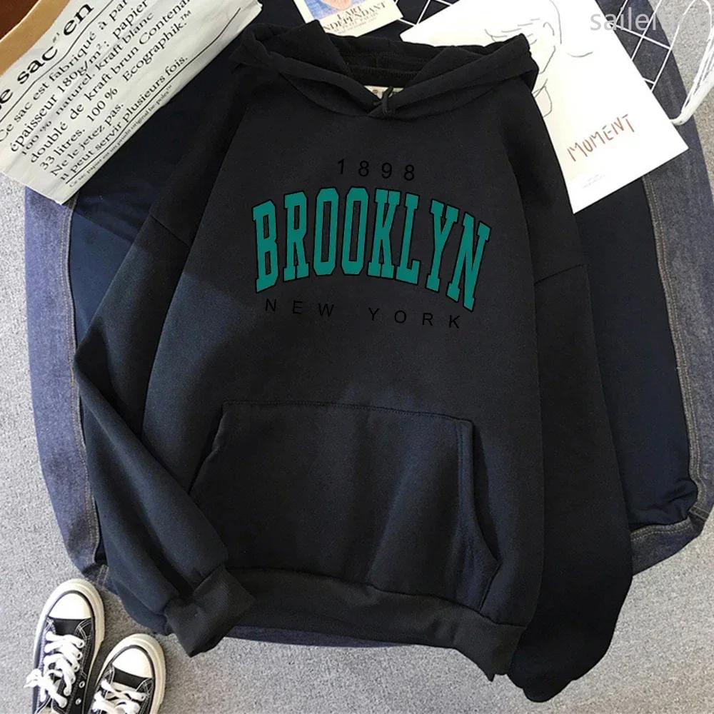 Brooklyn Letter Print Kangaroo Pocket Hoodie Sweater Fashion Hip Hop Street Ladies New York Autumn Clothing Winter Clothes Women