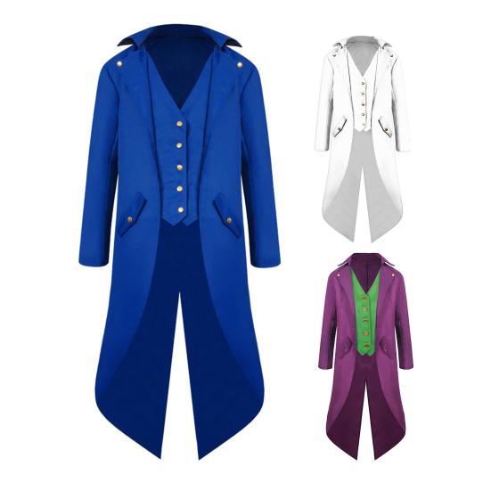 Yousheng Men Tailcoat Lapel Long Sleeve Pockets Mid-length Suit Coat Solid Color Fake Two Pieces Mid-Century Retro Style Tuxedo Coat