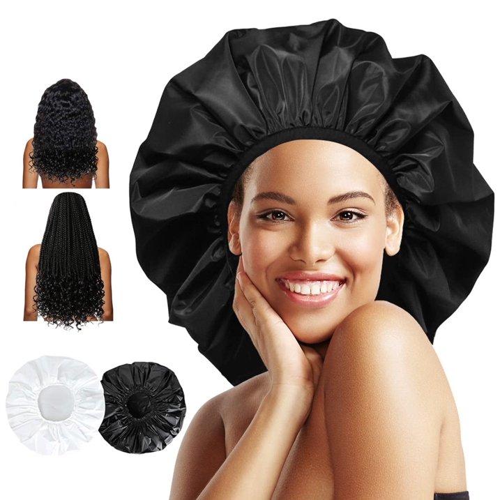 Two-Piece Extra-Large Waterproof Bath Cap Set, Reusable for Long Hair, Thick Curls, and Braided Styles (Black + White)
