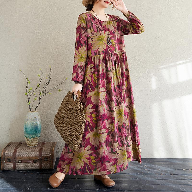 DIMANAF 2025 Women New Plus Size Spring Long Dress Long Sleeve Floral O-Neck Printing Loose Casual Vintage Maxi