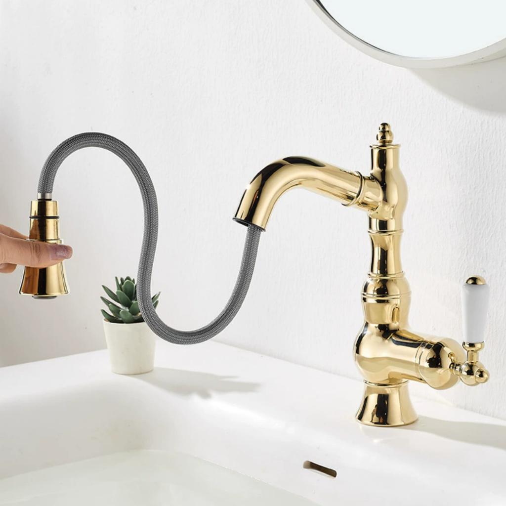 Gold Basin Faucet Antique Brass Pull Out Bathroom Faucet Hot & Cold Black Bathroom Sink Faucet Decked Lavotory Faucet Sink Mixer