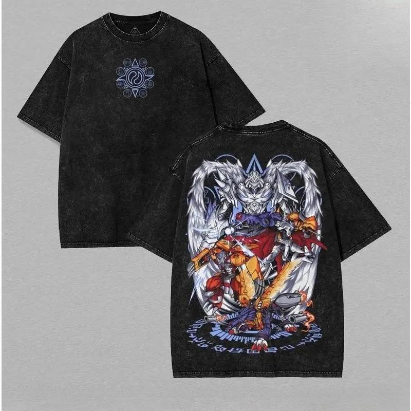 Angewomon Digimon Adventure T-shirt Anime Vintage Washed Oversized Tshirt Men's Clothing Short Sleeve Cotton Tops