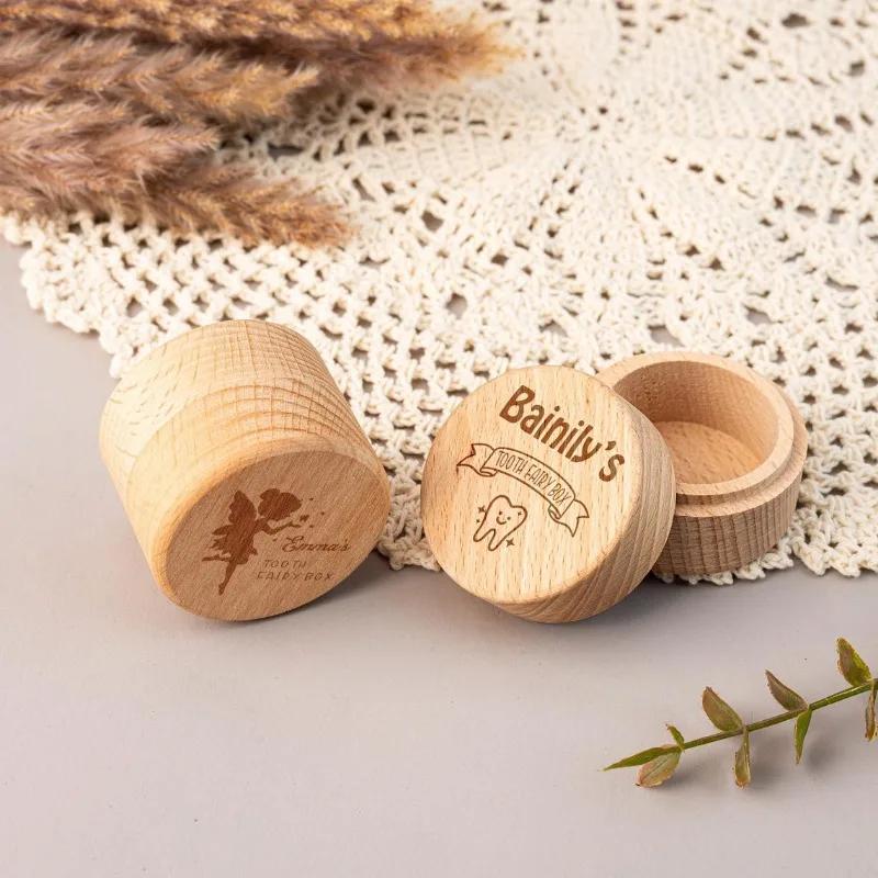 1PCS Free Personalized Tooth Fairy Wooden Box Round Tooth Fairy Holder Birthday Gift for Girls Boys Name Milk Tooth And Curl Box