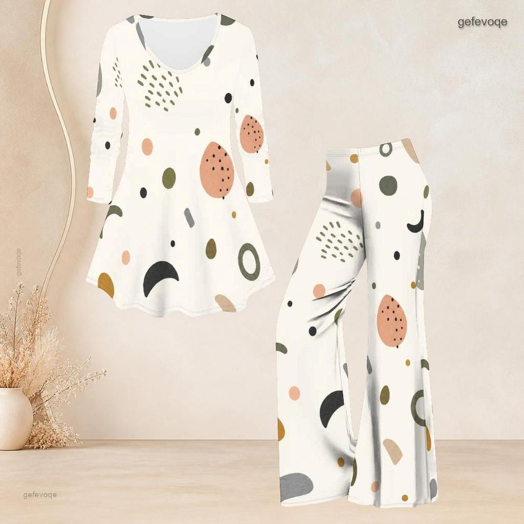 Women Plus Size V Neck Three Quarter Sleeve Plaid Printed Tunic Top Flared Pants Two Piece Set