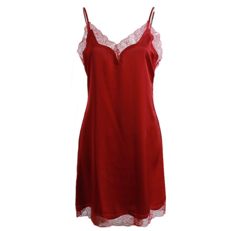 Women’s Ice Silk Satin Camisole Nightgown Lightweight Spring Summer Autumn Sexy Lace Sleepwear