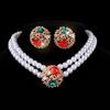 Multi-Layer Imitation Pearl Geometric Crystal Neck Chain Earrings Bridal Double Diamond Necklace Jewelry Set Women