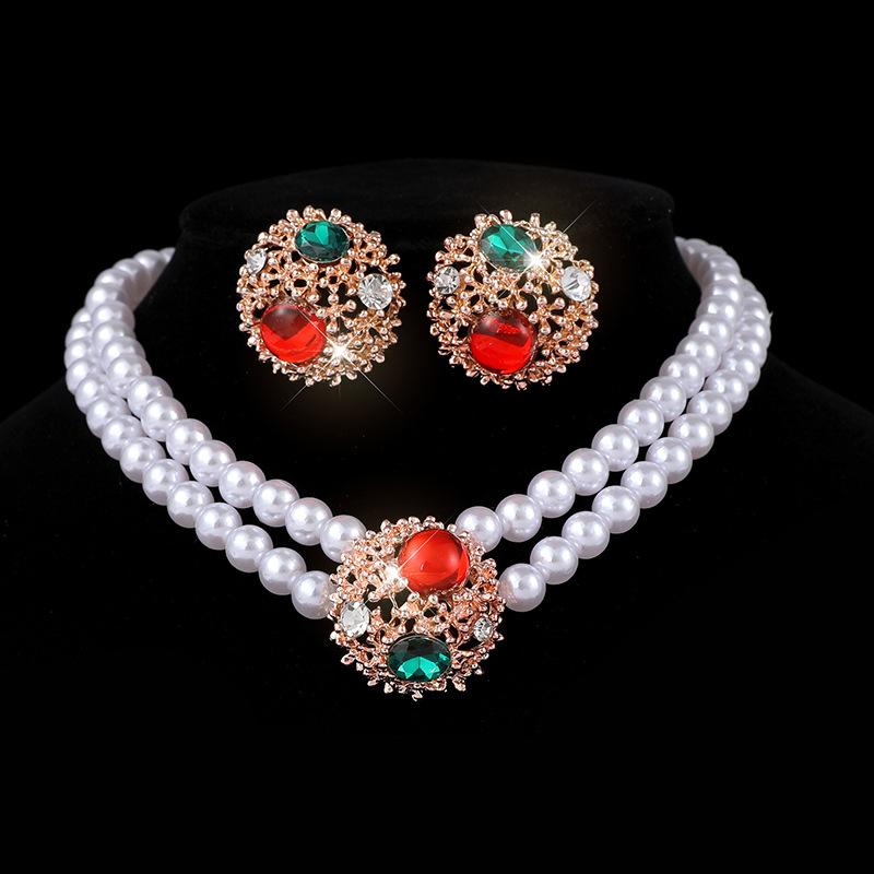 Multi-Layer Imitation Pearl Geometric Crystal Neck Chain Earrings Bridal Double Diamond Necklace Jewelry Set Women