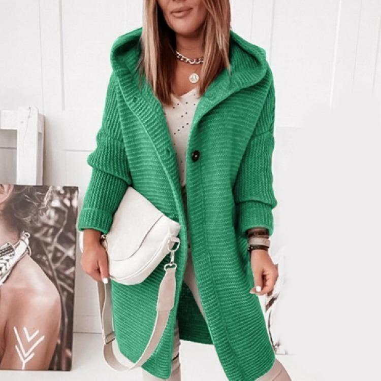 

Women Thickened Winter Warm Long Hooded Cardigan Solid Color Knitted Sweater Coat XL зелений
