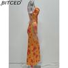 BITCED Spring Women's Fashion: Sensual Printed Strappy Waist-cinching Bodycon Maxi Halter Neck Dress